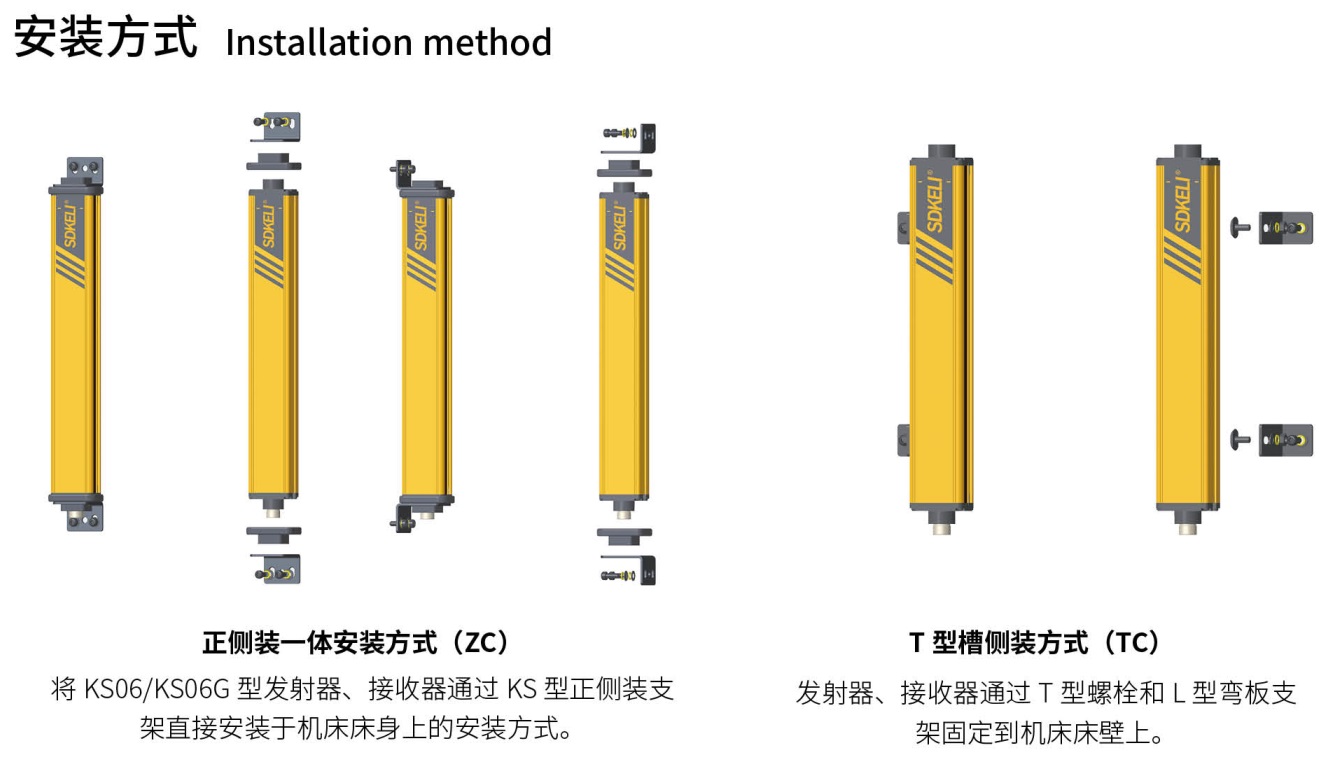 KS06安全光幕正側(cè)裝一體和T型槽側(cè)裝安裝方式